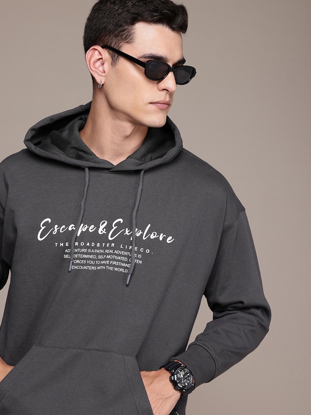 

The Roadster Life Co. Typography Printed Oversized Hooded Sweatshirt, Grey