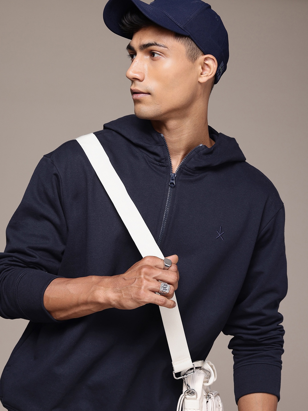 

The Roadster Life Co. Relaxed Fit Half Zipper Hooded Sweatshirt, Navy blue