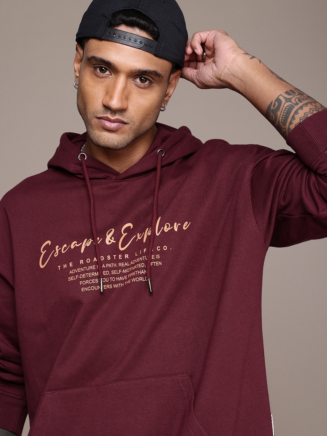 

The Roadster Life Co. Typography Printed Oversized Hooded Pullover Sweatshirt, Maroon