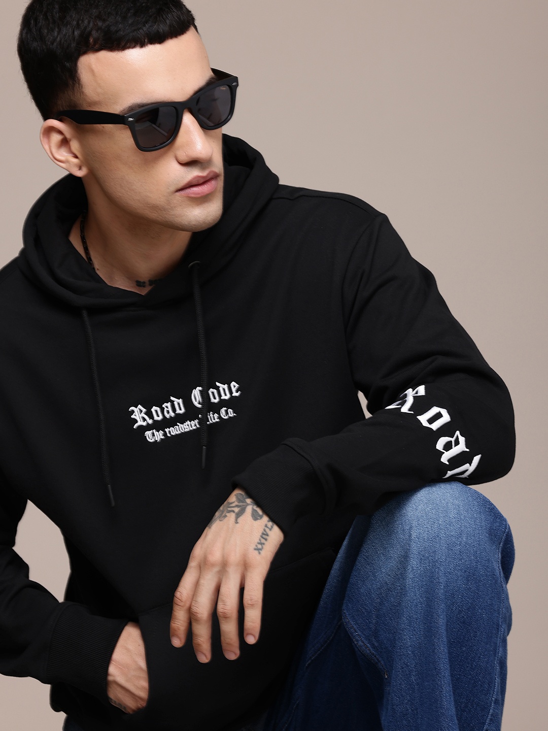 

The Roadster Life Co. Brand Logo Embroidered Hooded Relaxed Fit Sweatshirt, Black