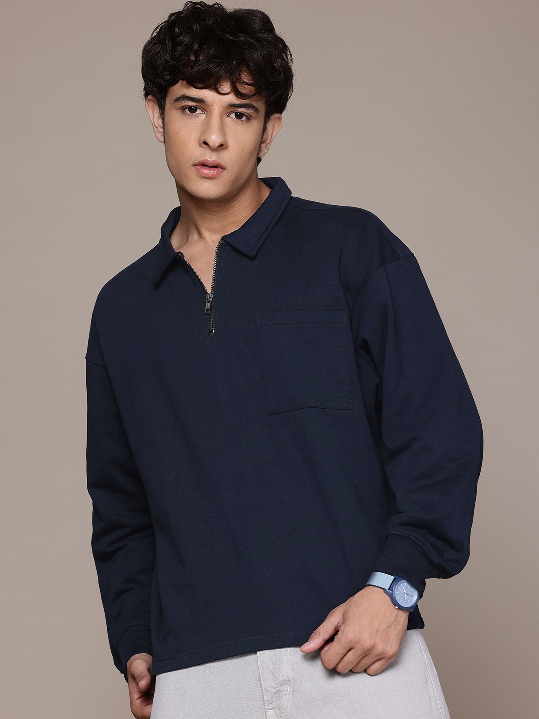 

Roadster Drop-Shoulder Sleeve Relaxed Fit Sweatshirt With Patch Pocket, Navy blue