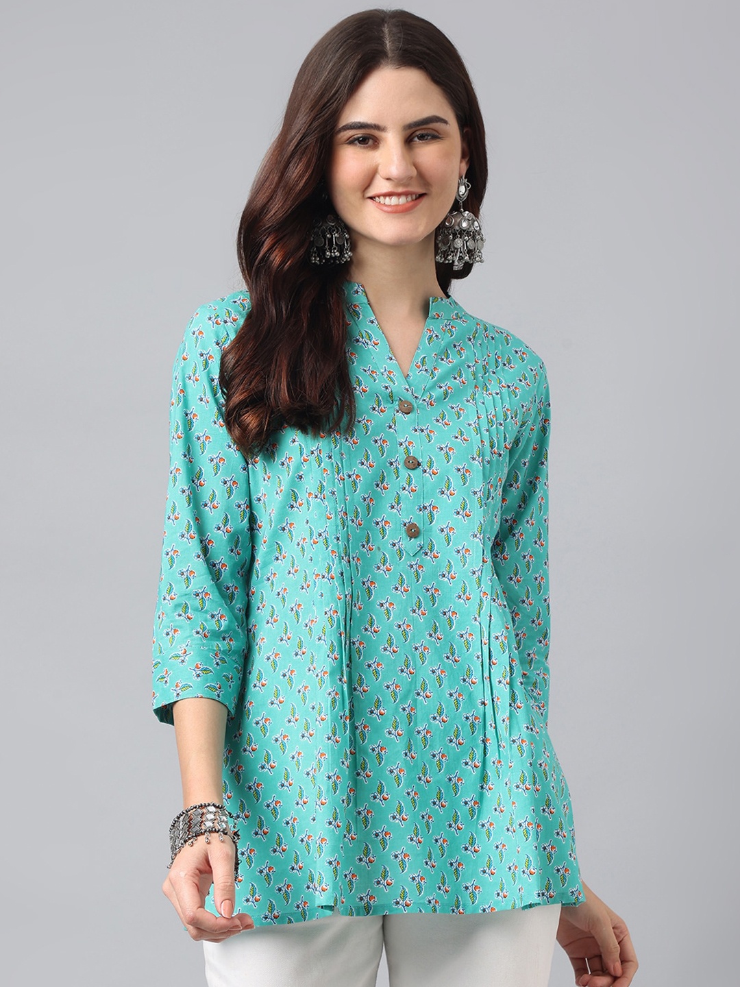 ANANDITA Floral Printed A-Line Mandarin Collar Cotton Top, Green