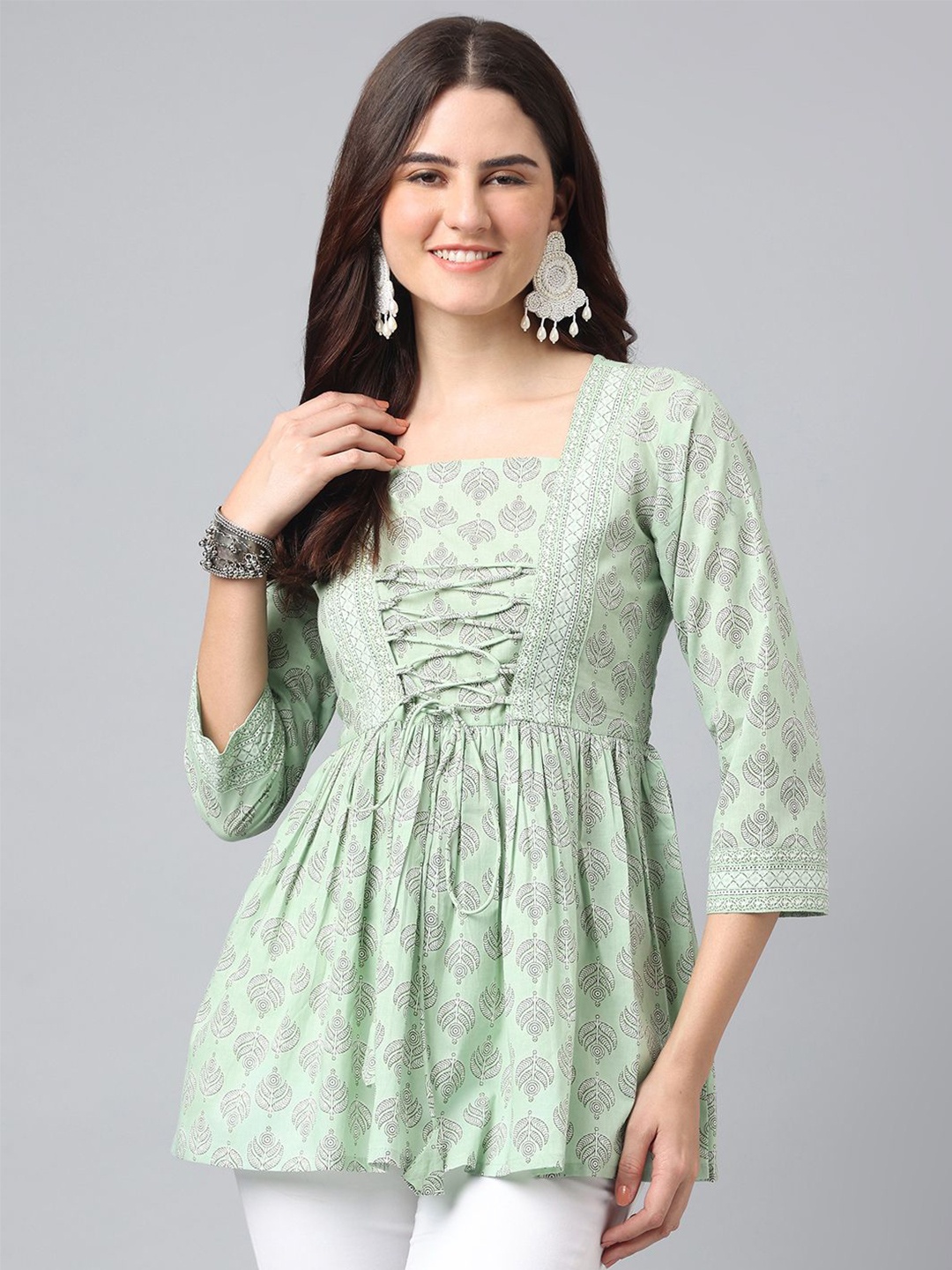 

ANANDITA Print Cotton Empire Longline Top, Green