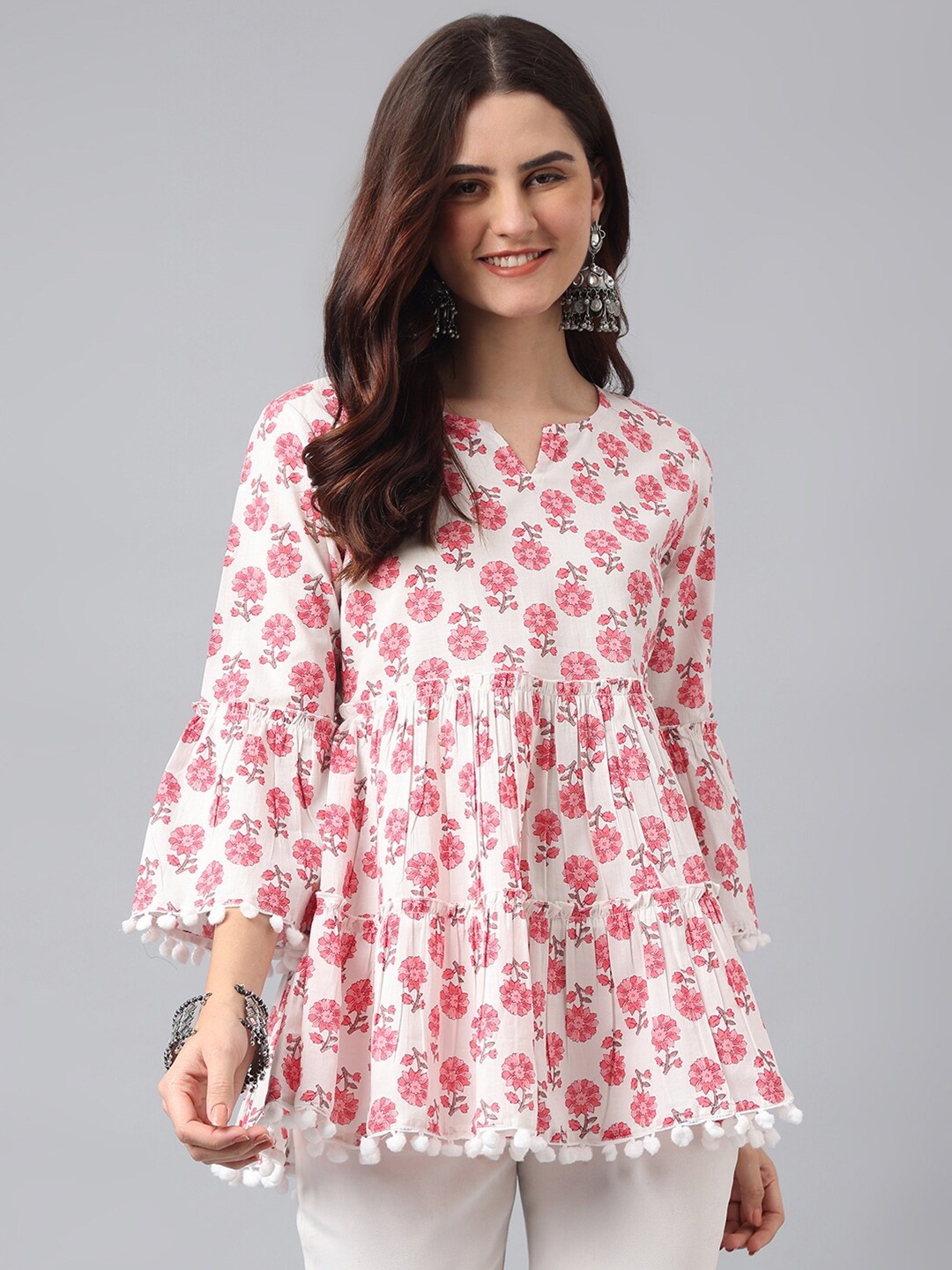 

ANANDITA Floral Printed Bell Sleeve Cotton Empire Cotton Top, Pink