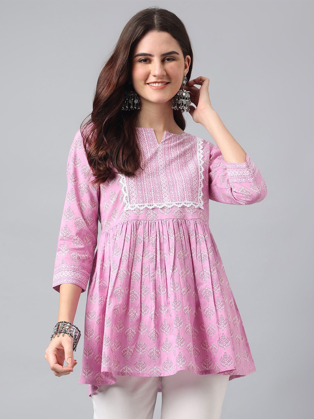 

ANANDITA Geometric Printed Cotton Longline Top, Pink