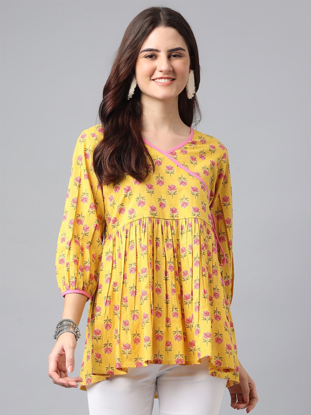 

ANANDITA Women Print Cotton Empire Top, Yellow