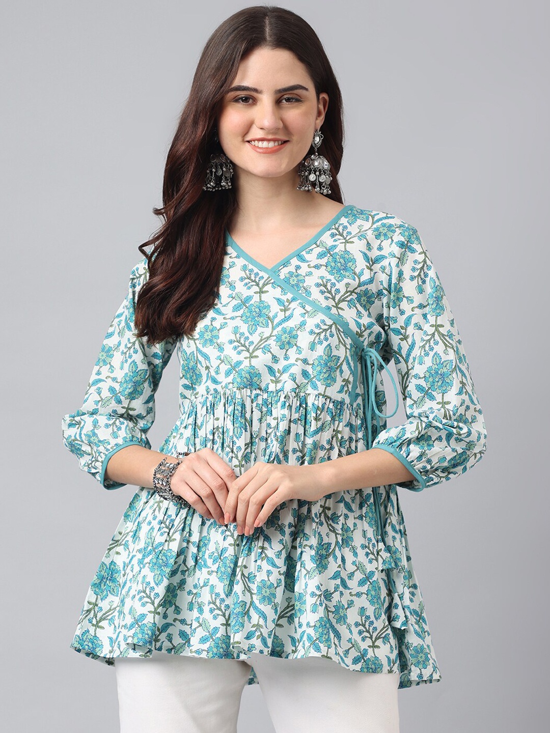 

ANANDITA Women Floral Print Puff Sleeve Cotton Empire Top, Green