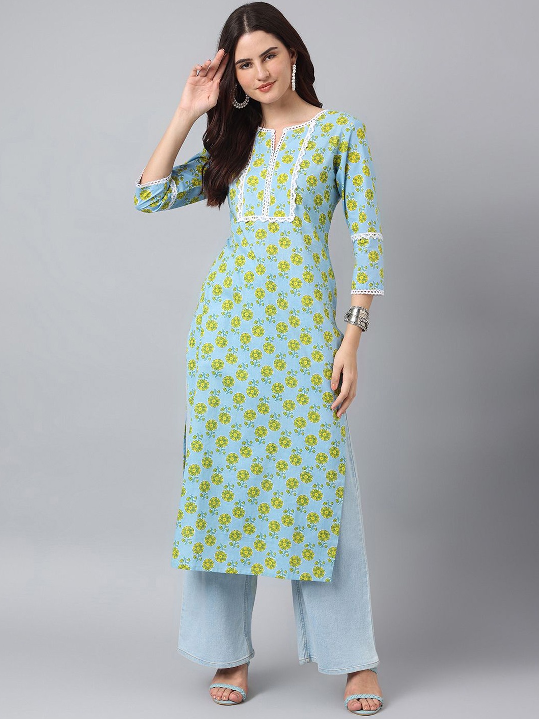 

ANANDITA Women Quirky Striped Flared Sleeves Mirror Work Kurta, Turquoise blue