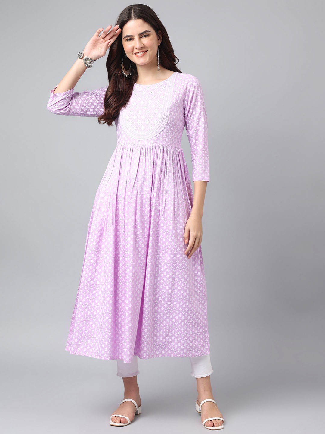 

ANANDITA Women Printed Anarkali Kurta, Lavender