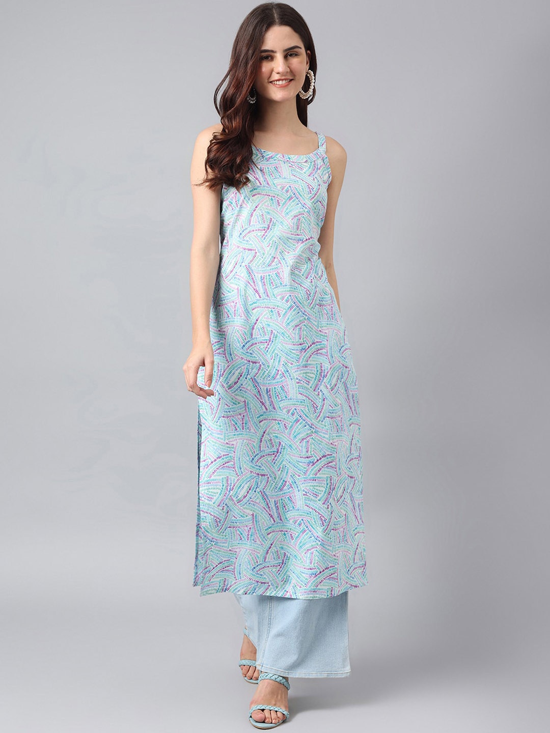 

ANANDITA Women Printed Abstract Kurta, Turquoise blue