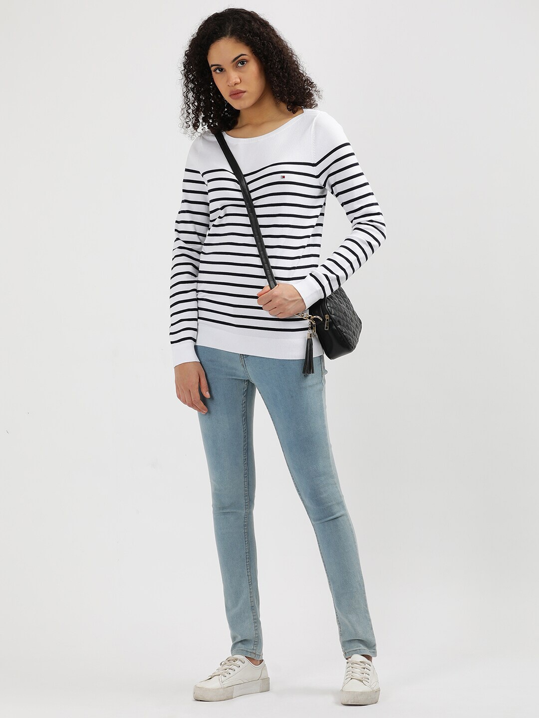 

Tommy Hilfiger Striped Boat Neck Long Sleeves Pure Cotton Pullover Sweaters, White