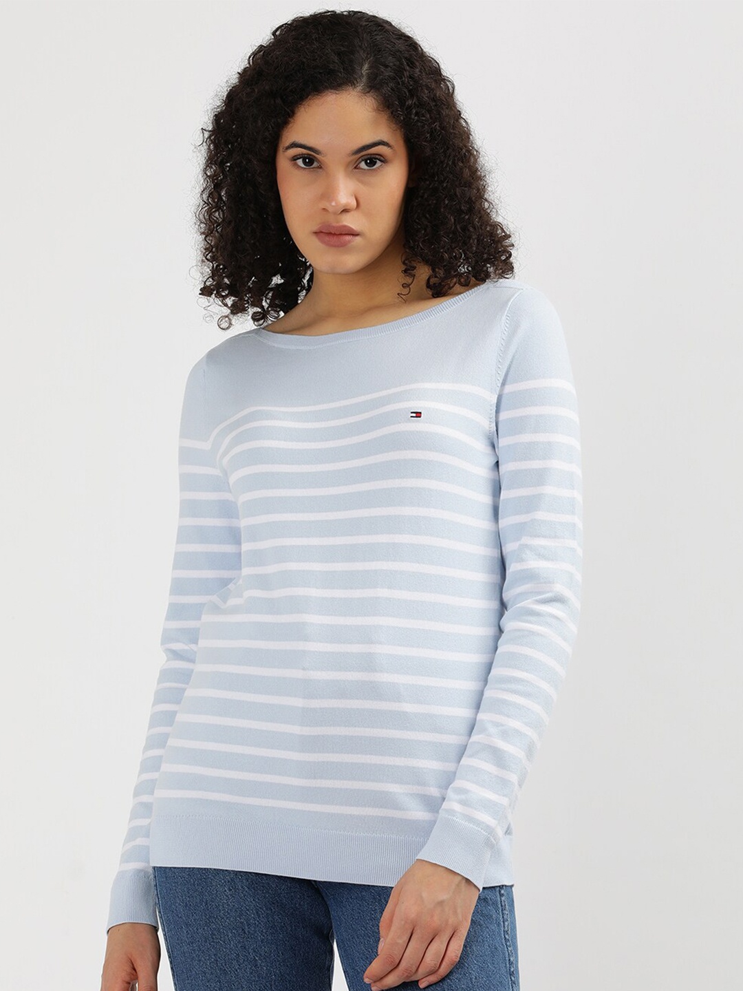 

Tommy Hilfiger Striped Boat Neck Long Sleeves Pure Cotton Pullover Sweaters, Blue