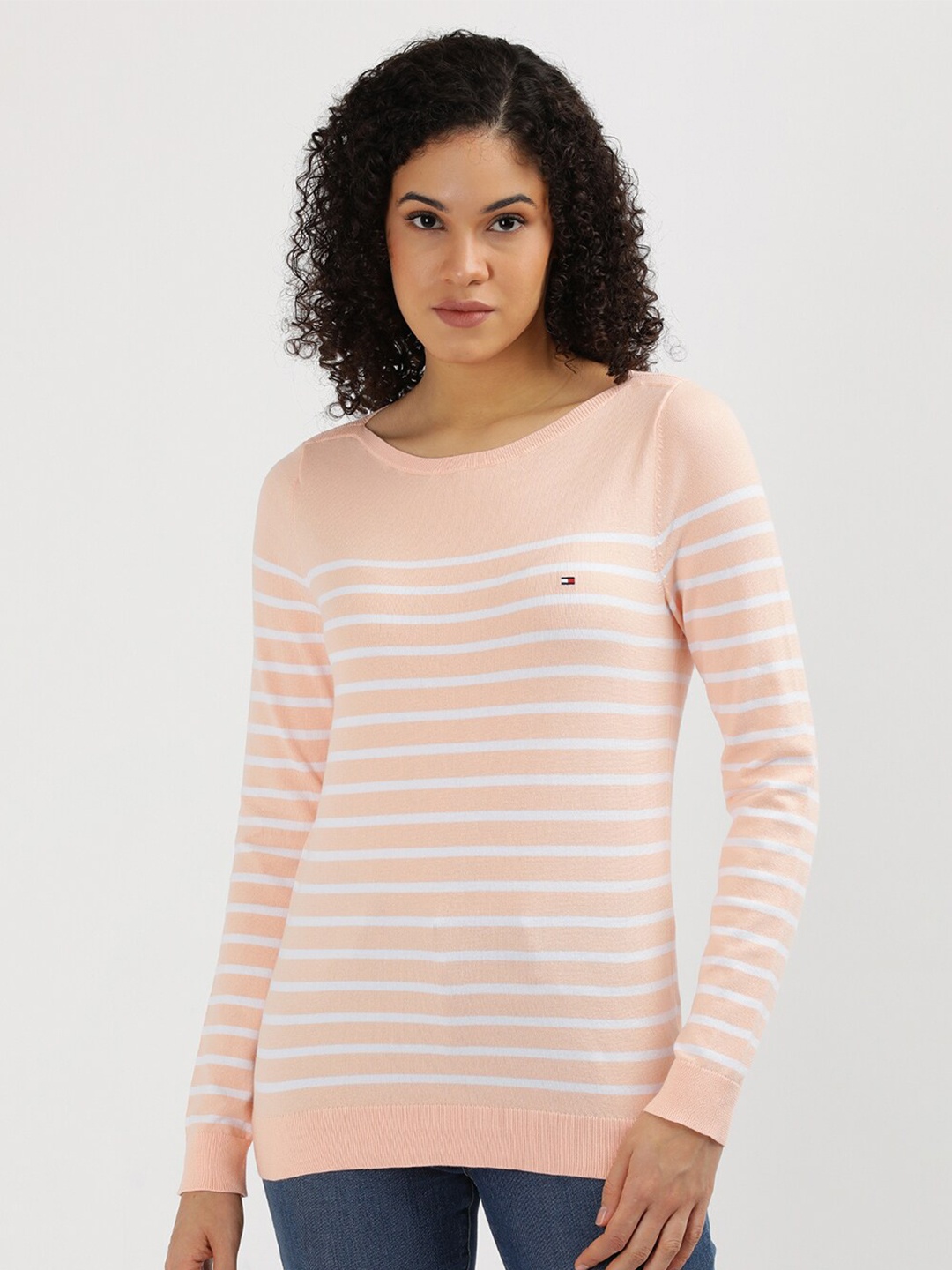 

Tommy Hilfiger Striped Boat Neck Long Sleeves Pure Cotton Pullover Sweaters, Peach