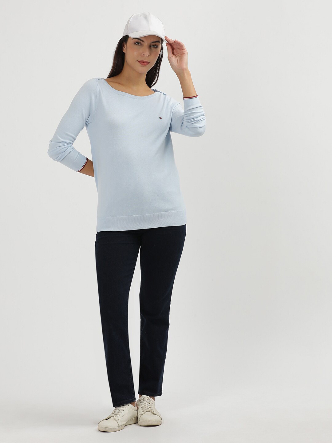 Tommy Hilfiger Boat Neck Long Sleeves Pure Cotton Pullover Sweaters, Blue