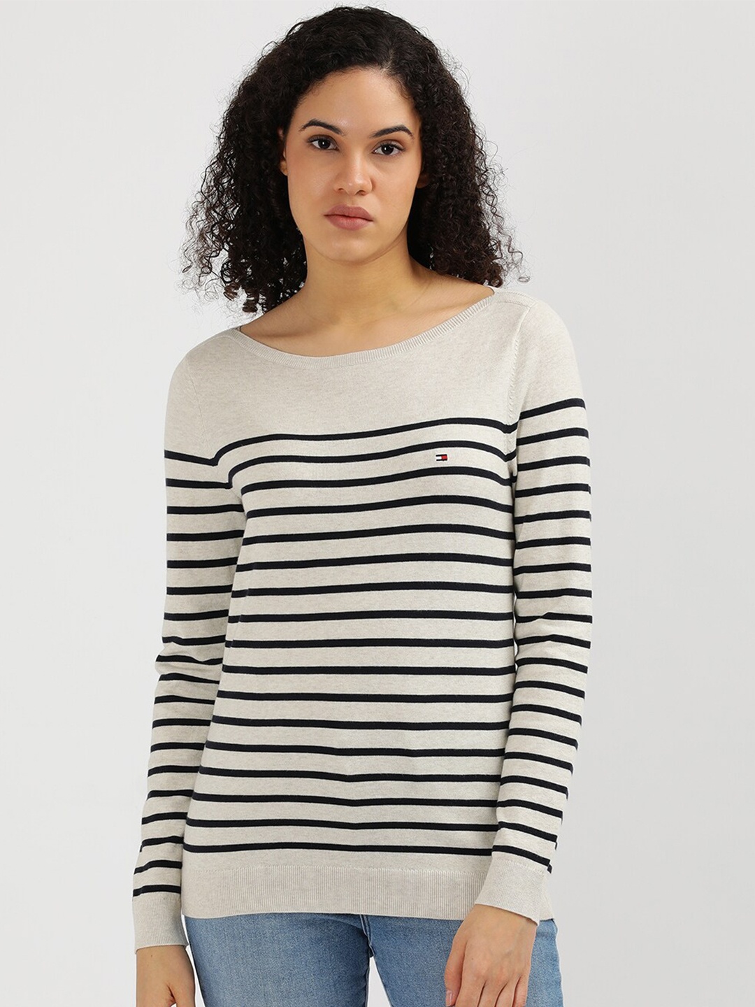

Tommy Hilfiger Striped Long Sleeves Pure Cotton Pullover Sweaters, Beige
