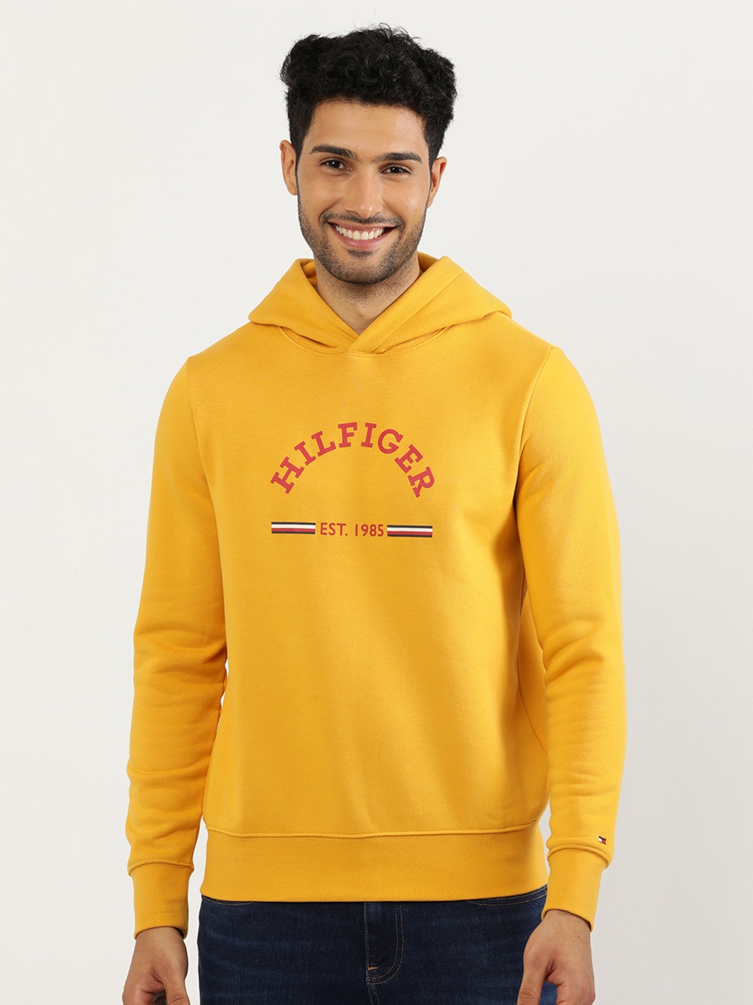 

Tommy Hilfiger Typography Printed Hooded Cotton Pullover, Yellow