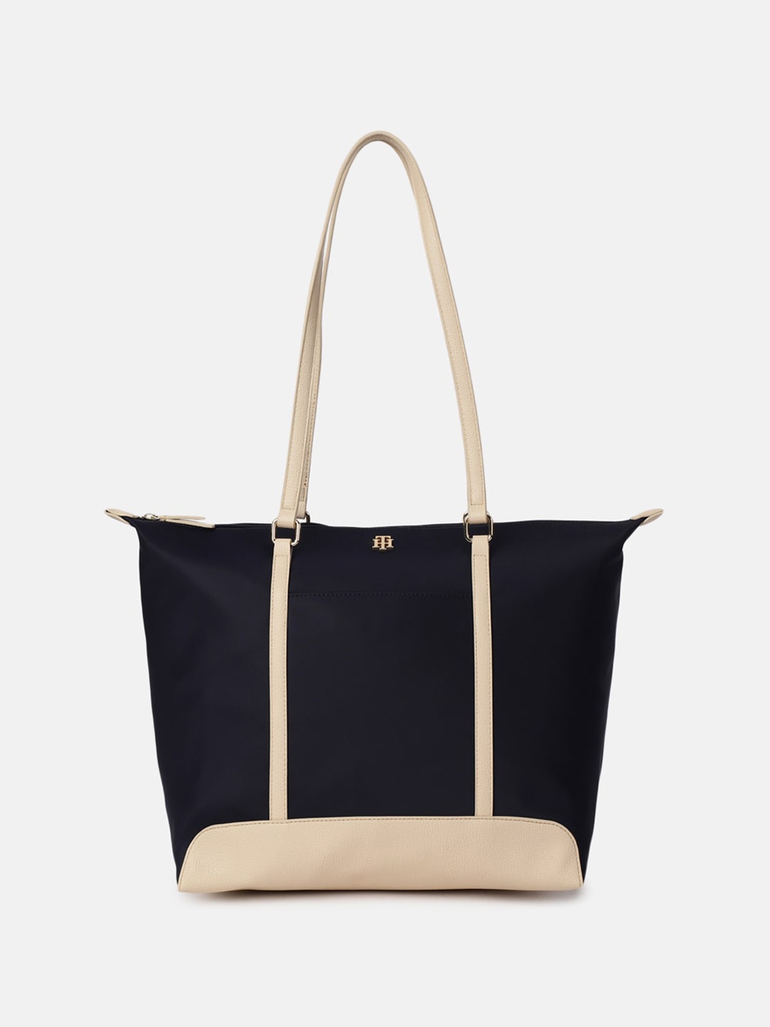 

Tommy Hilfiger Colourblocked Structured Solid Tote Bag with Applique, Blue