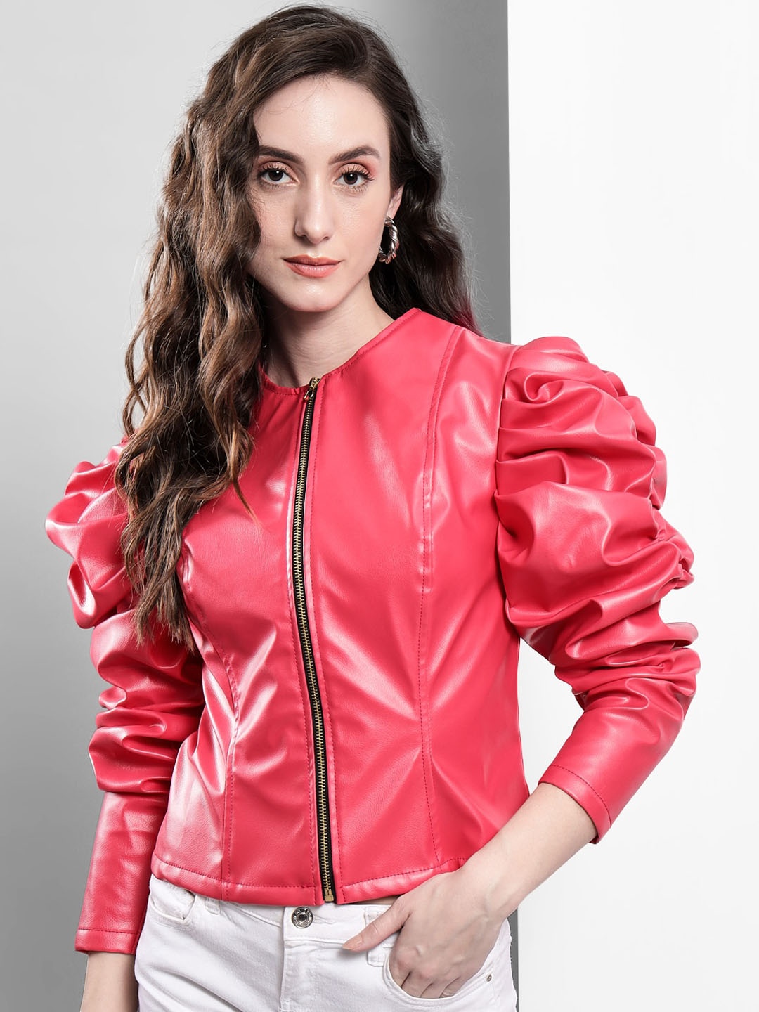 

TANDUL Women Cotton Lightweight Crop Biker Jacket, Pink