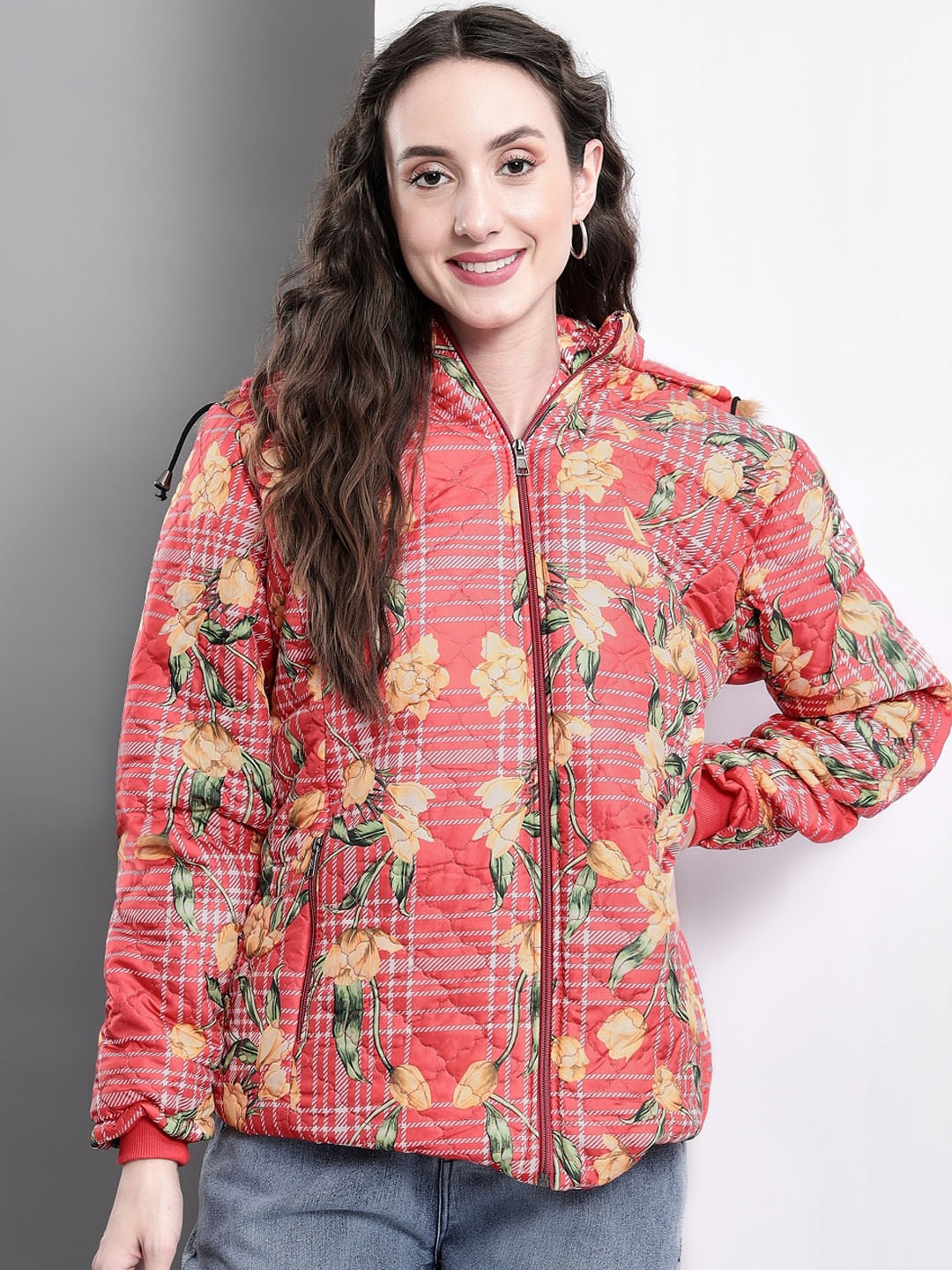 TANDUL Women Floral Nylon Lightweight Tailored Jacket, Red