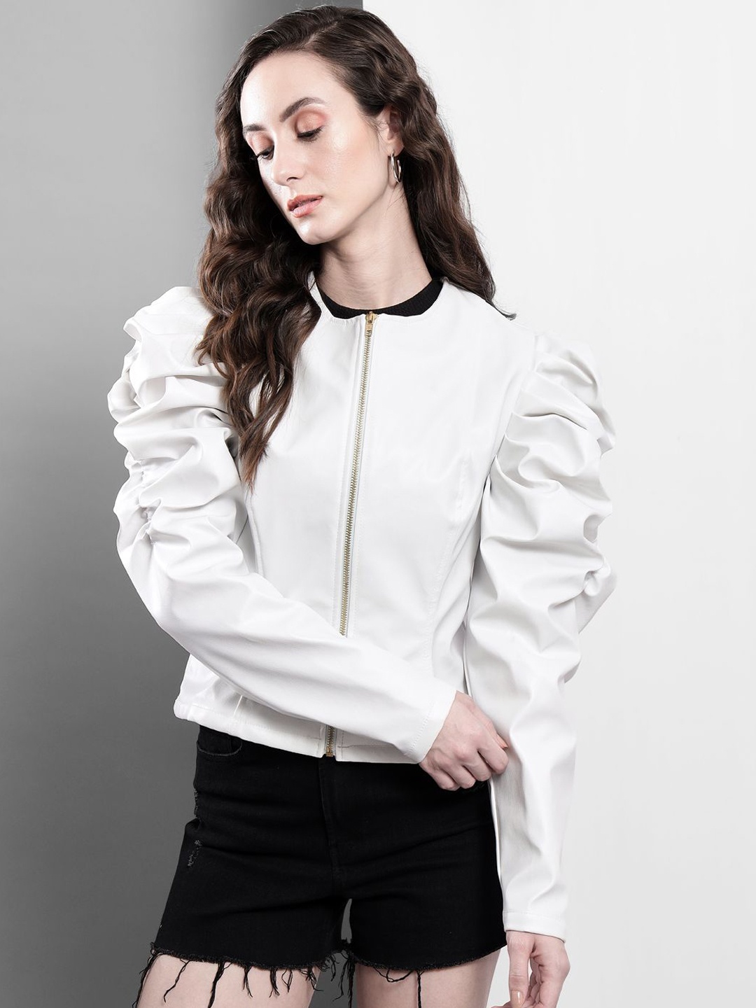 

TANDUL Women Cotton Lightweight Crop Bomber with Patchwork Jacket, White