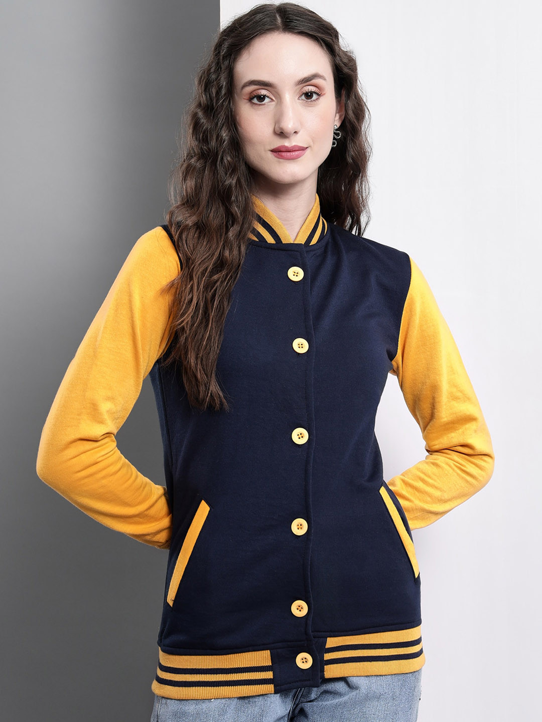 

TANDUL Women Striped Fleece Lightweight Tailored Jacket, Yellow