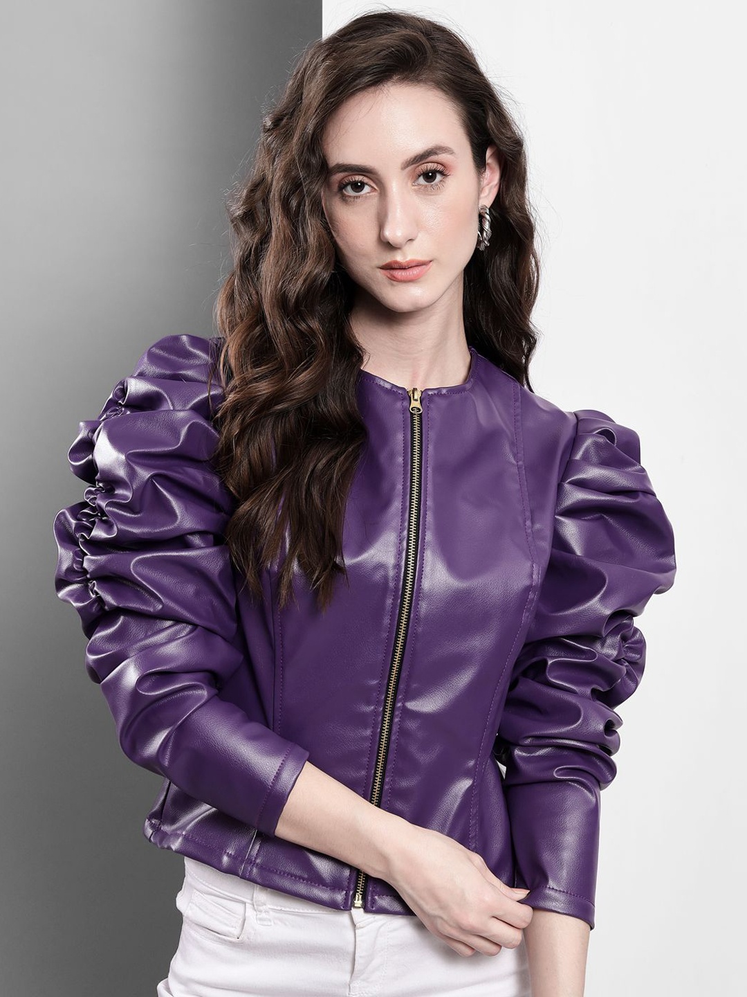 

TANDUL Women Floral Colourblocked Cotton Lightweight Crop Biker Jacket, Purple
