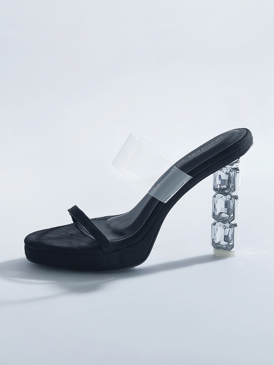 

Signature Stone Embellished Sole Open Toe Block Heels, Black