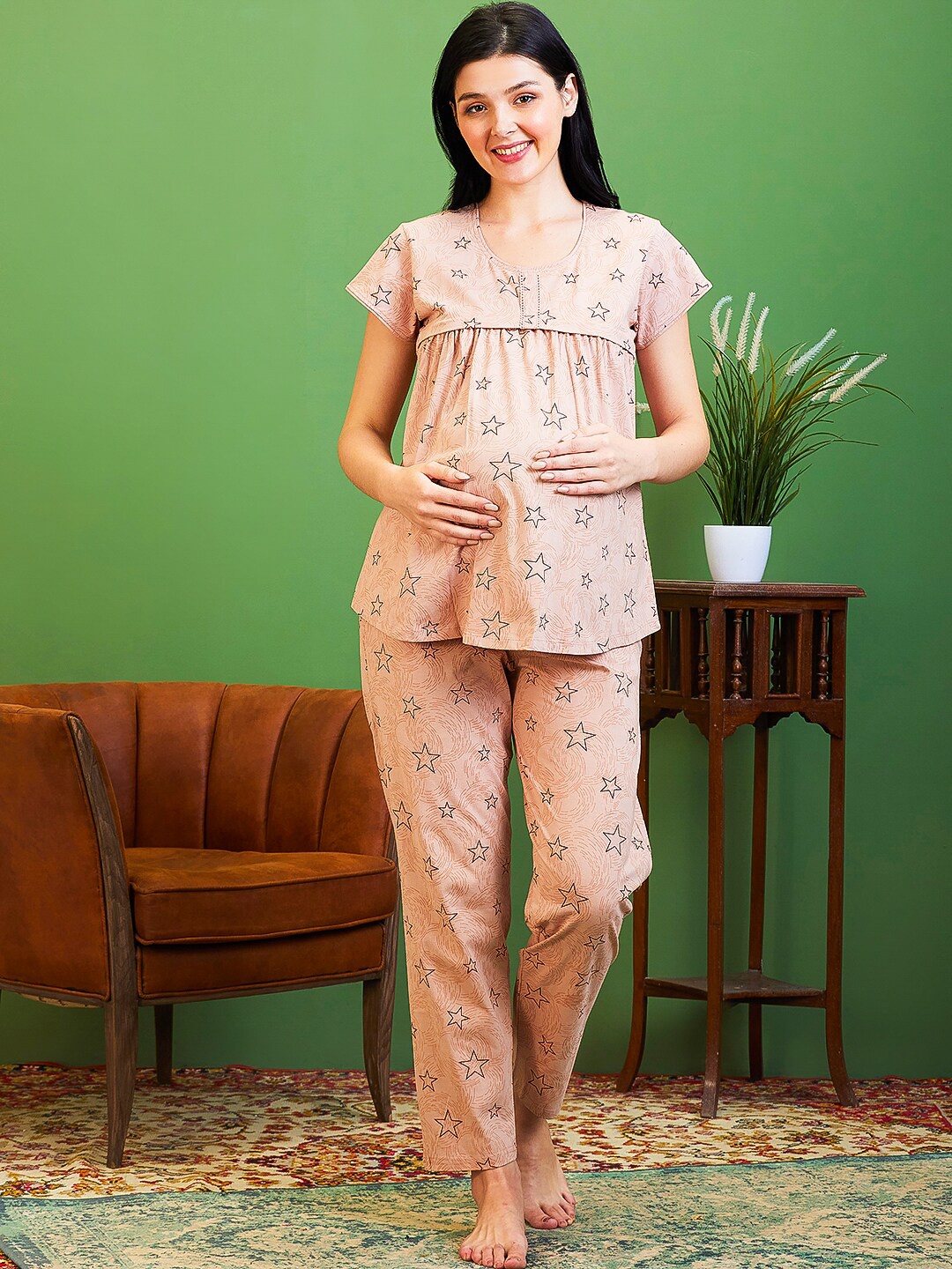 

AV2 Women Printed Maternity Night suit 2521AS, Peach