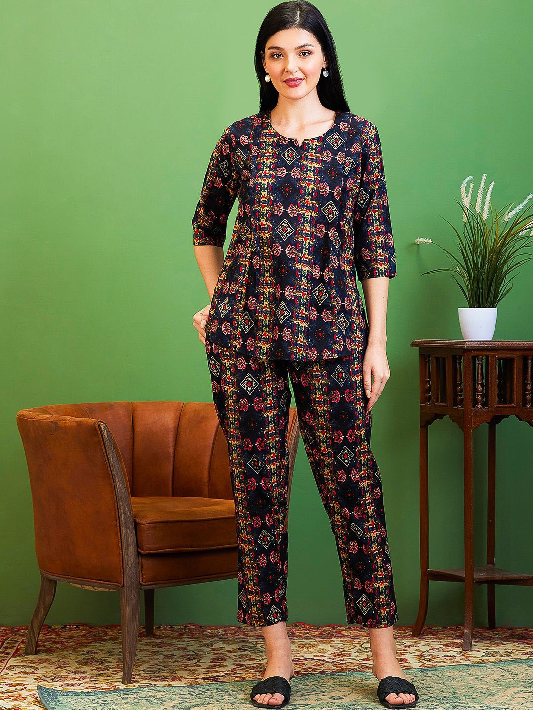 

AV2 Printed Pure Cotton Round Neck Tunic With Trousers Maternity Co-Ords Set, Navy blue