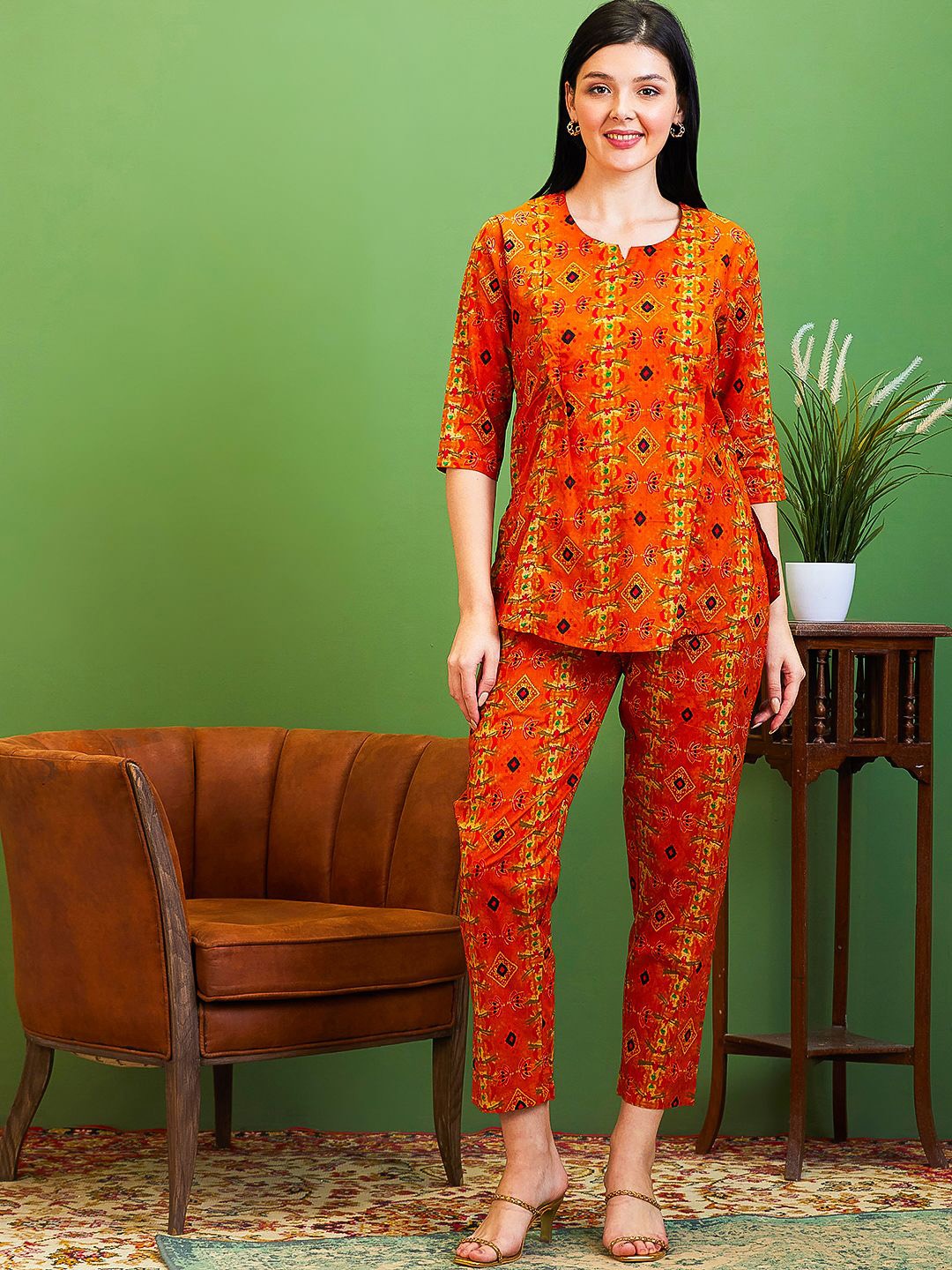 

AV2 Printed Pure Cotton Round-Neck Tunic With Trouser Co-Ords, Mustard