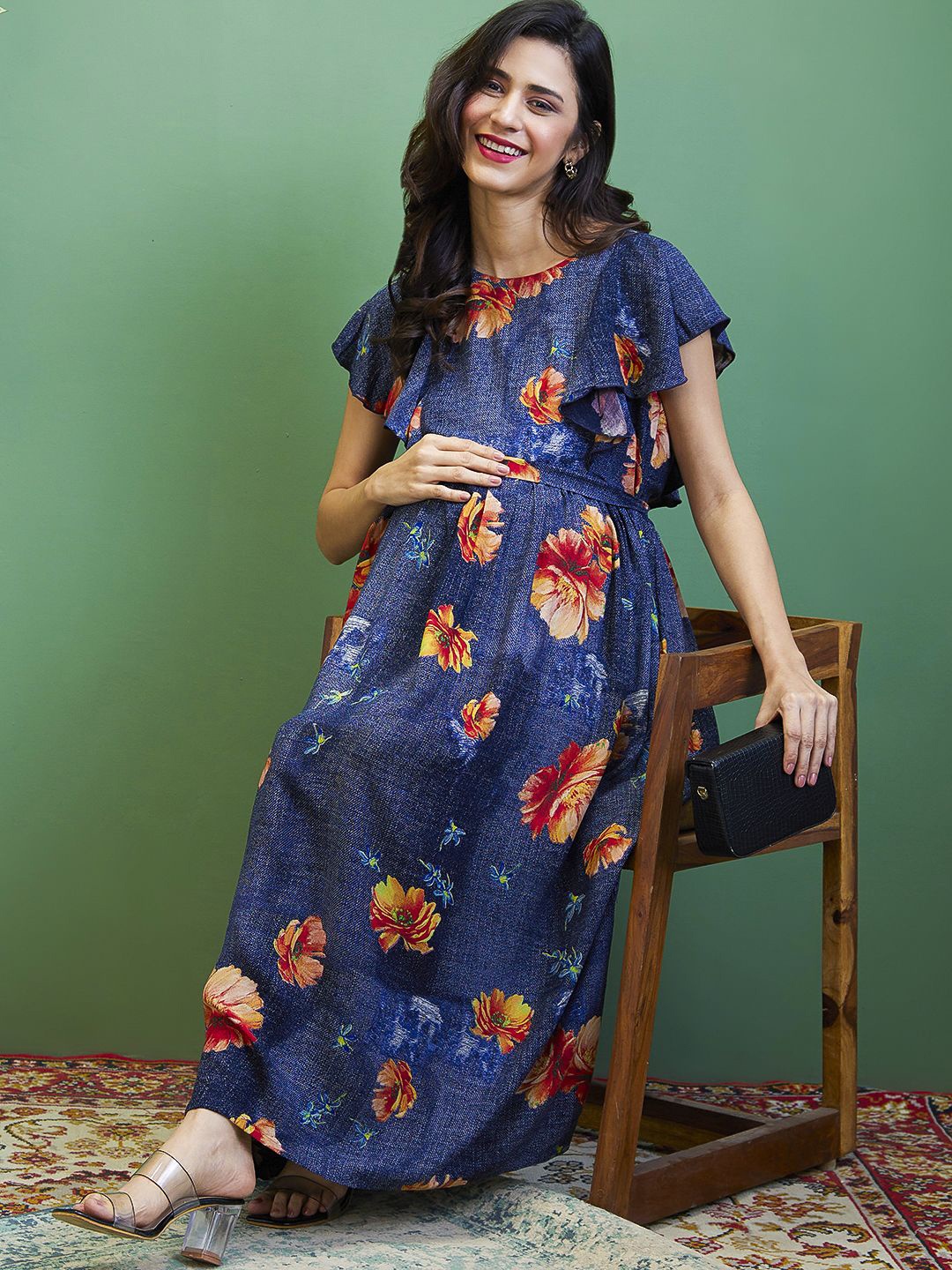 

AV2 Floral Print Flutter Sleeve Midi Dress, Navy blue