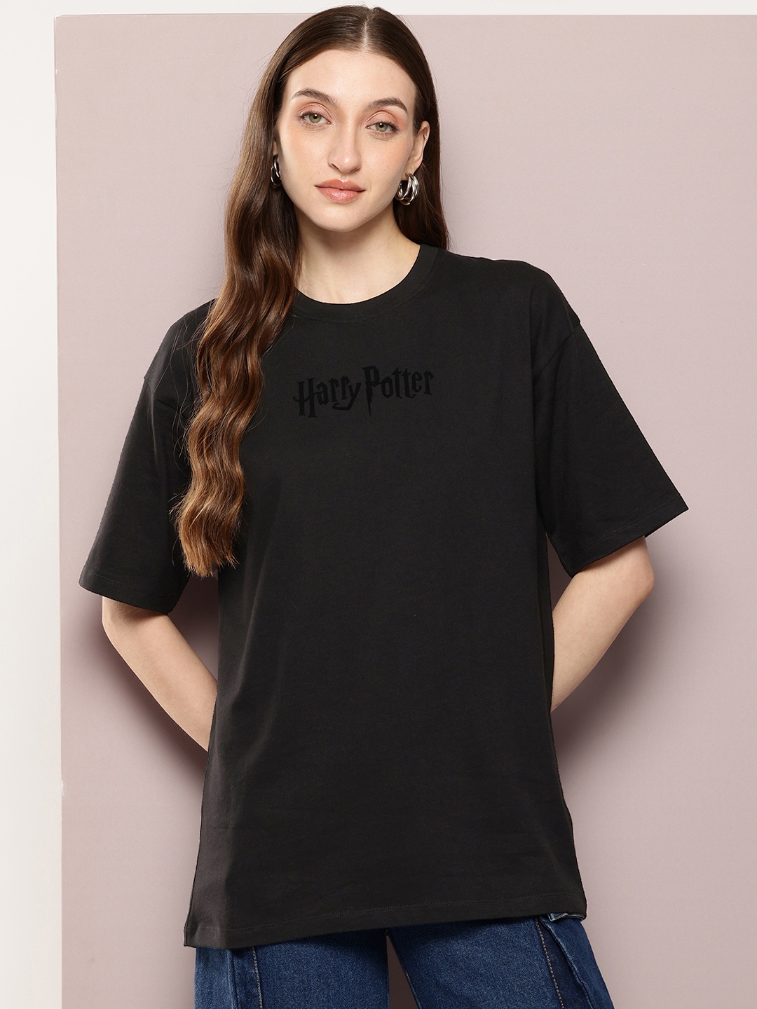 

Kook N Keech Printed Drop-Shoulder Sleeves Oversized Pure Cotton T-shirt, Black