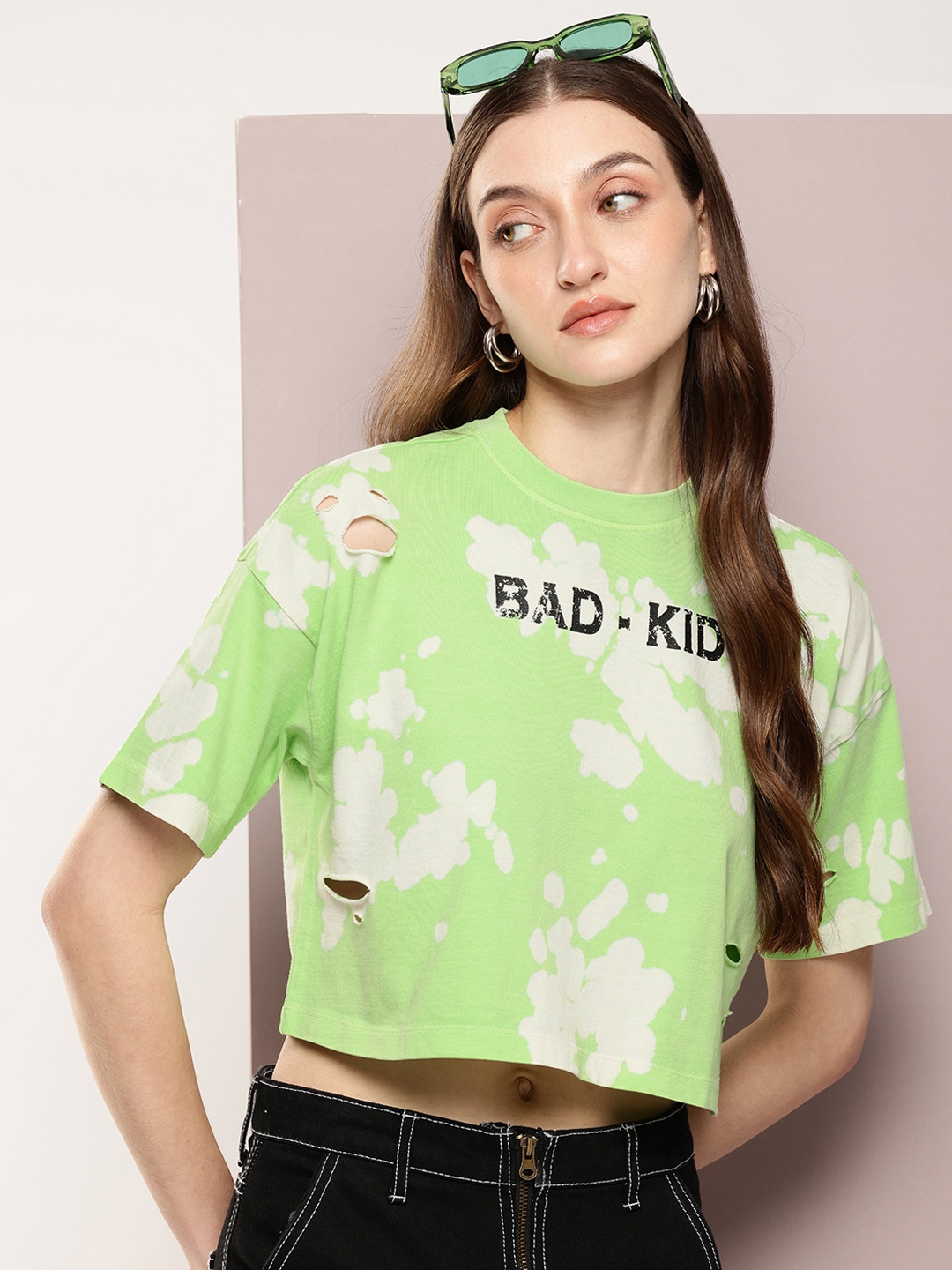 

Kook N Keech Printed Drop-Shoulder Sleeves Pure Cotton Cut Out Boxy T-shirt, Green