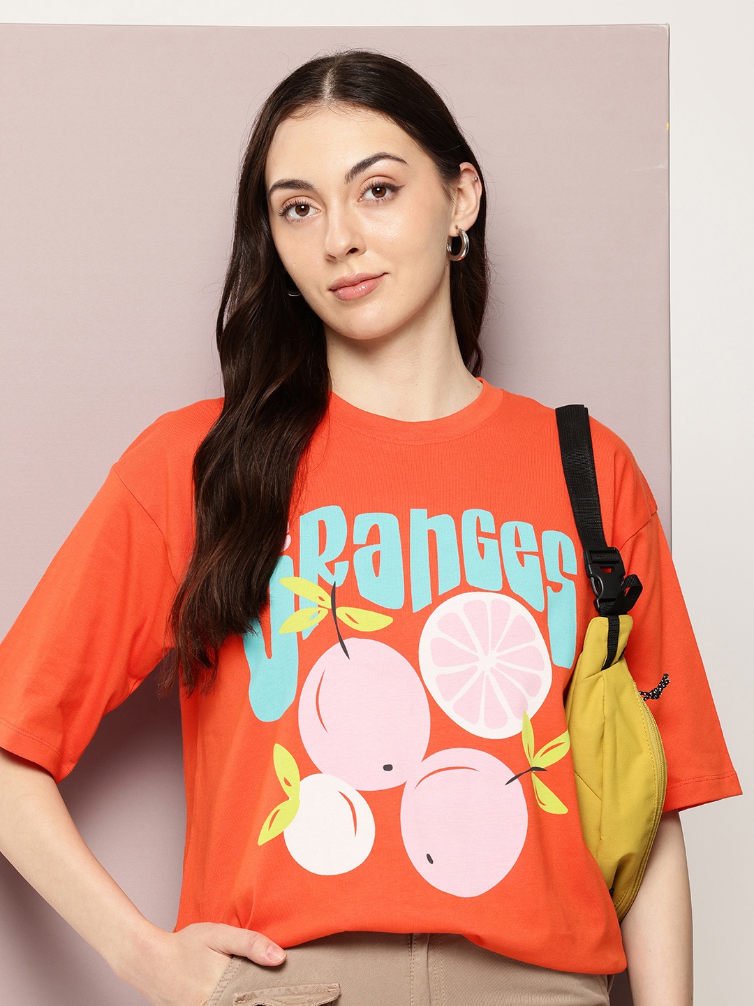 

Kook N Keech Printed Drop-Shoulder Sleeves Oversized Pure Cotton T-shirt, Orange