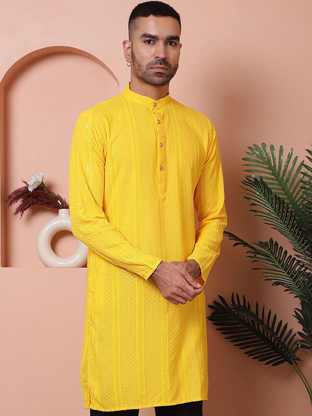 

Jompers Men Striped Thread Work Kurta, Yellow