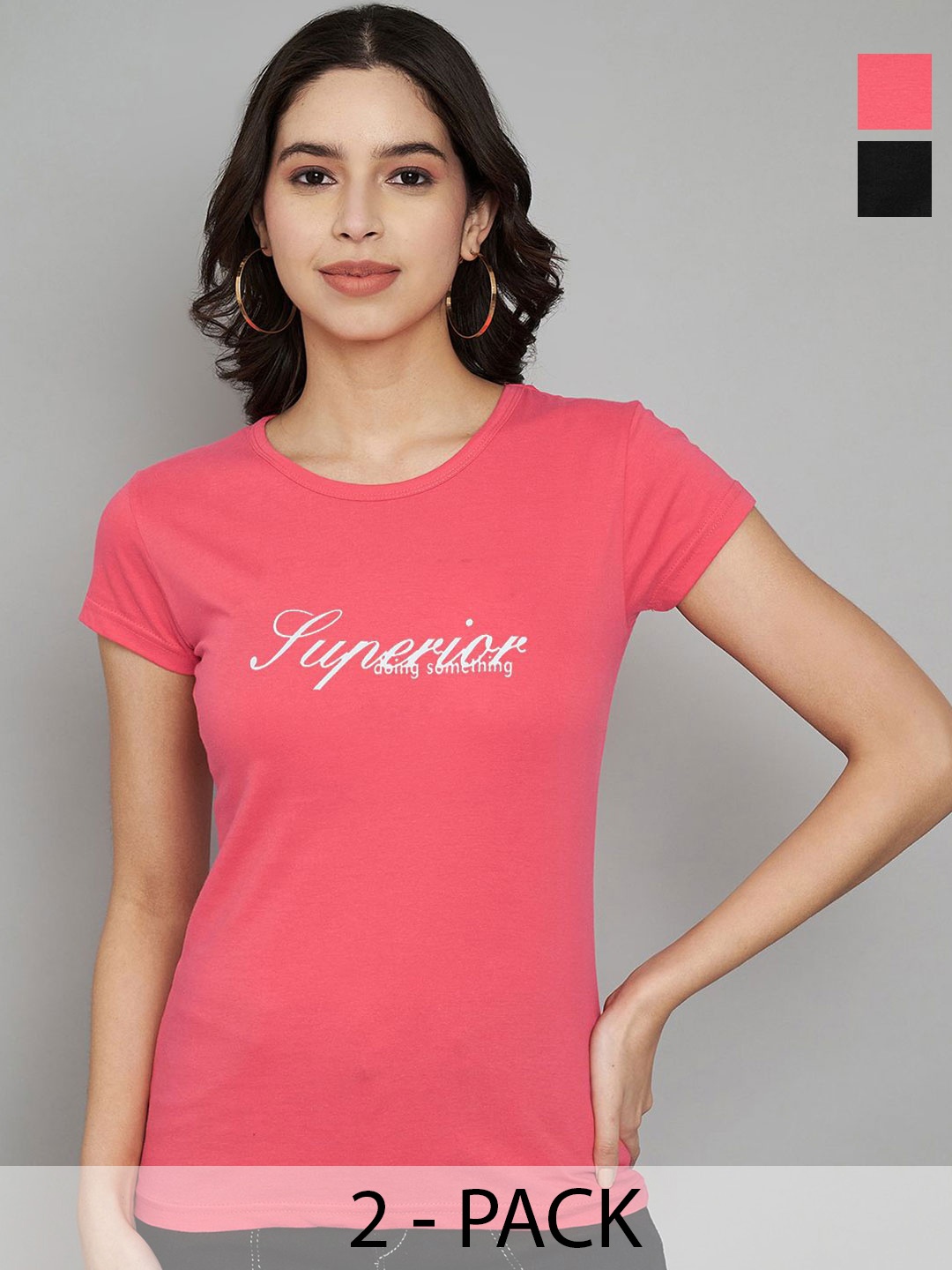 Trend Level Pack Of 2 Women Typography Printed Applique T-shirt, Black