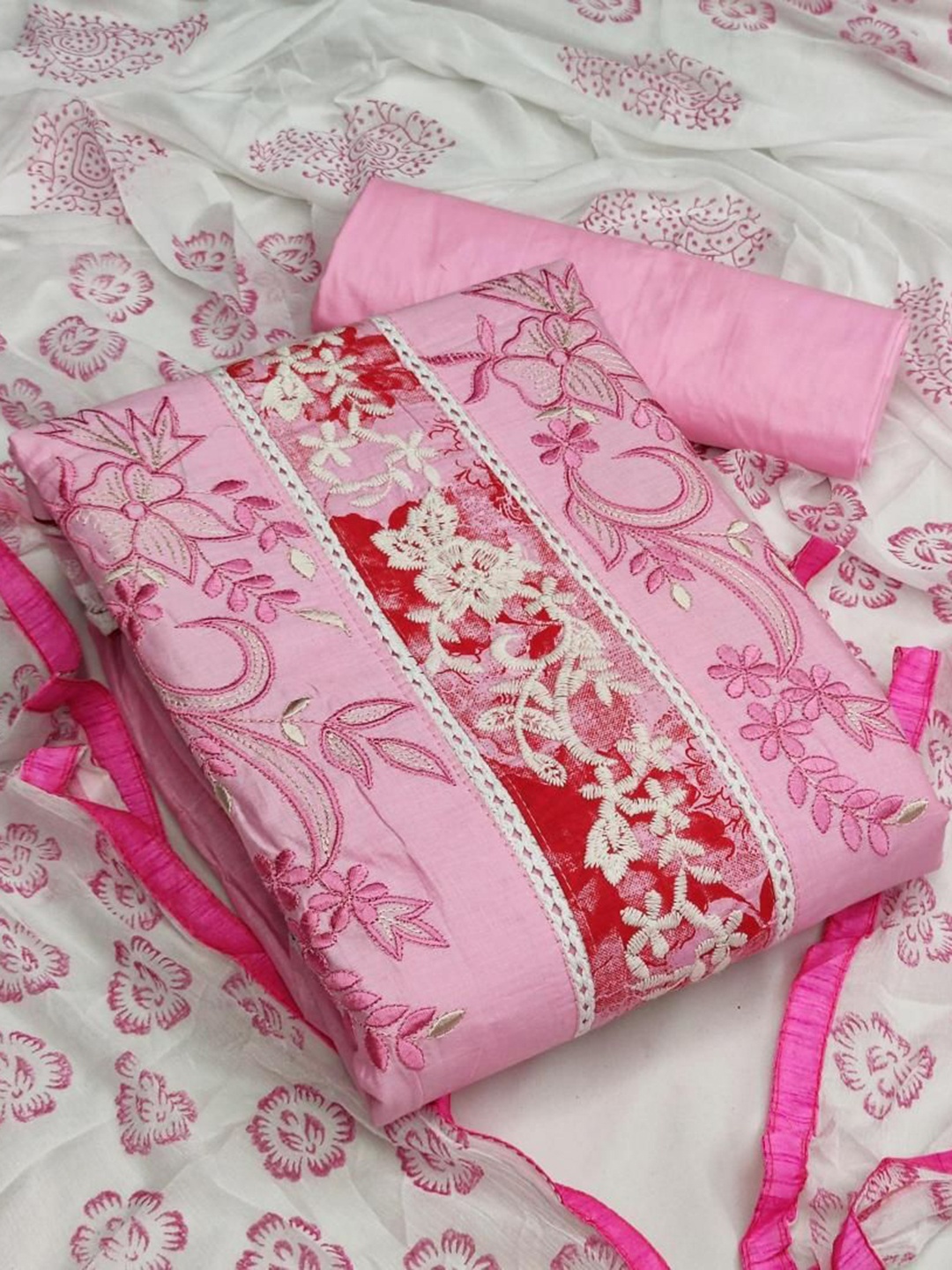 

Dori Embroidered Pure Cotton Unstitched Dress Material, Pink