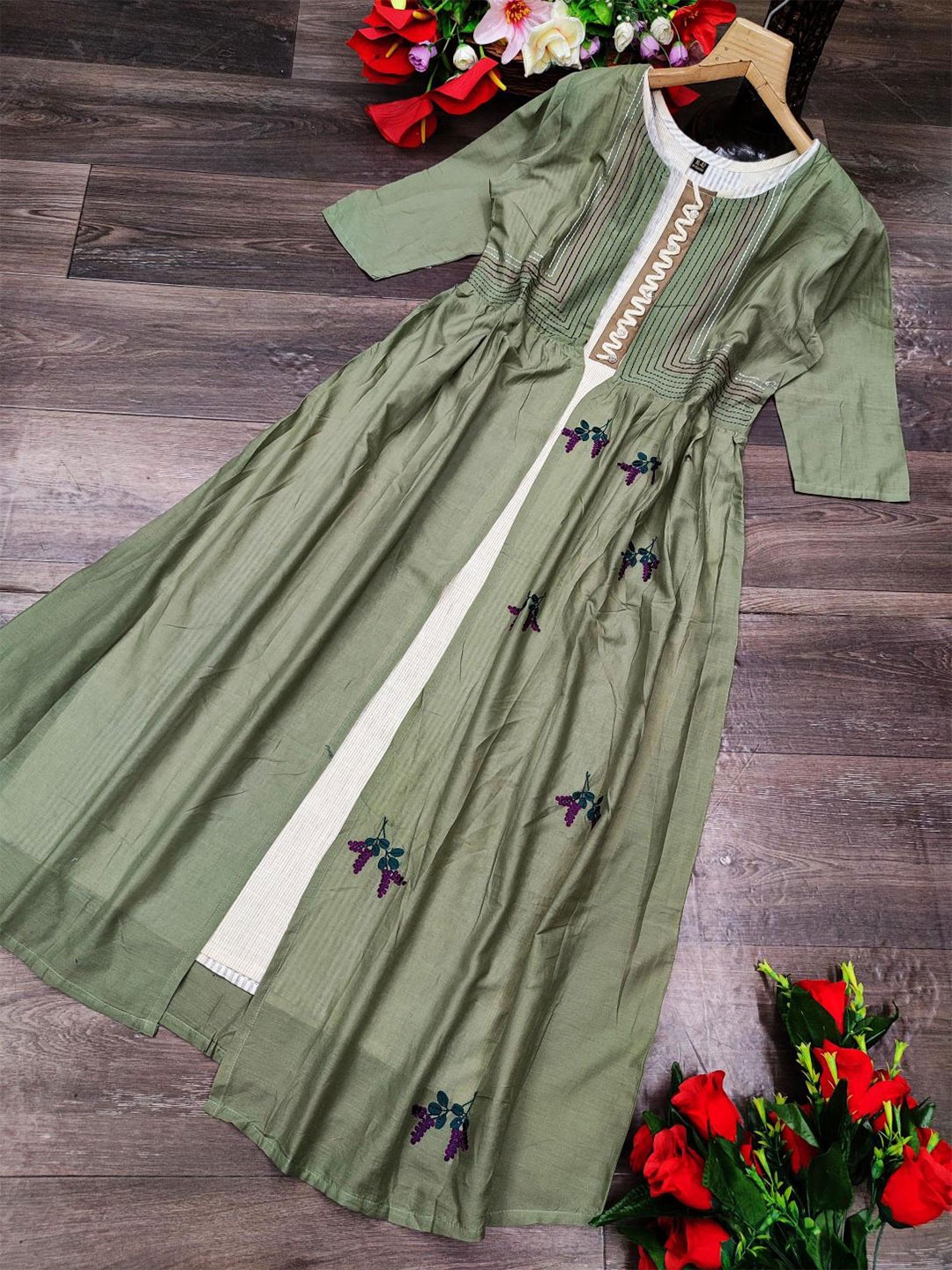 

Dori Embroidered Pure Cotton Unstitched Dress Material, Olive