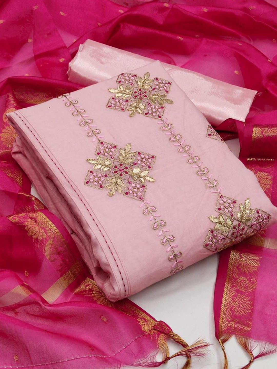 

Dori Embroidered Pure Silk Unstitched Dress Material, Pink