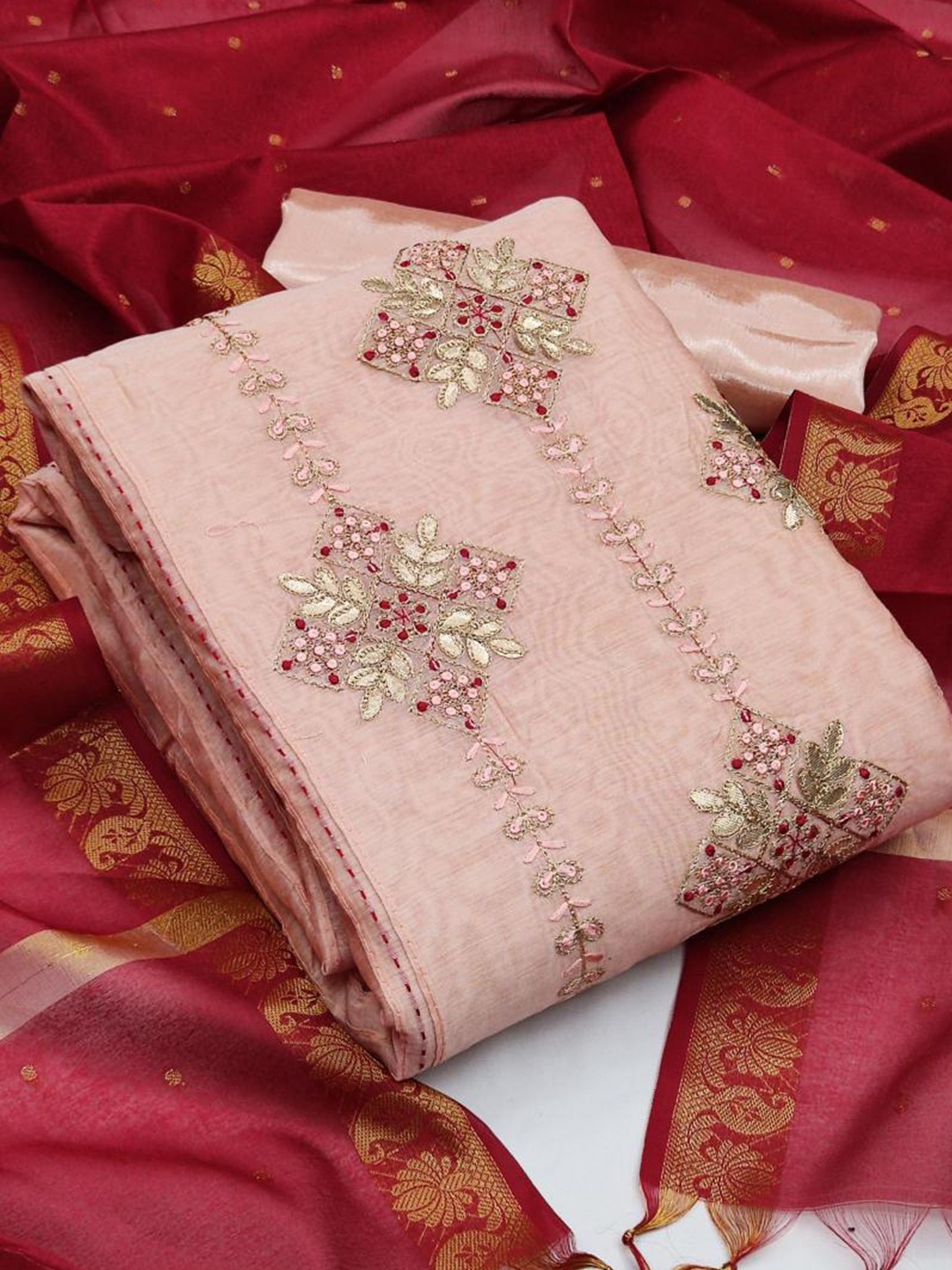 

Dori Embroidered Pure Silk Unstitched Dress Material, Pink
