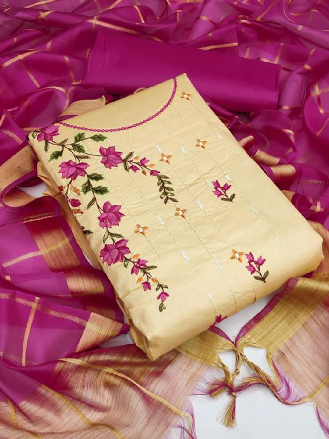 

Dori Embroidered Pure Cotton Unstitched Dress Material, Beige