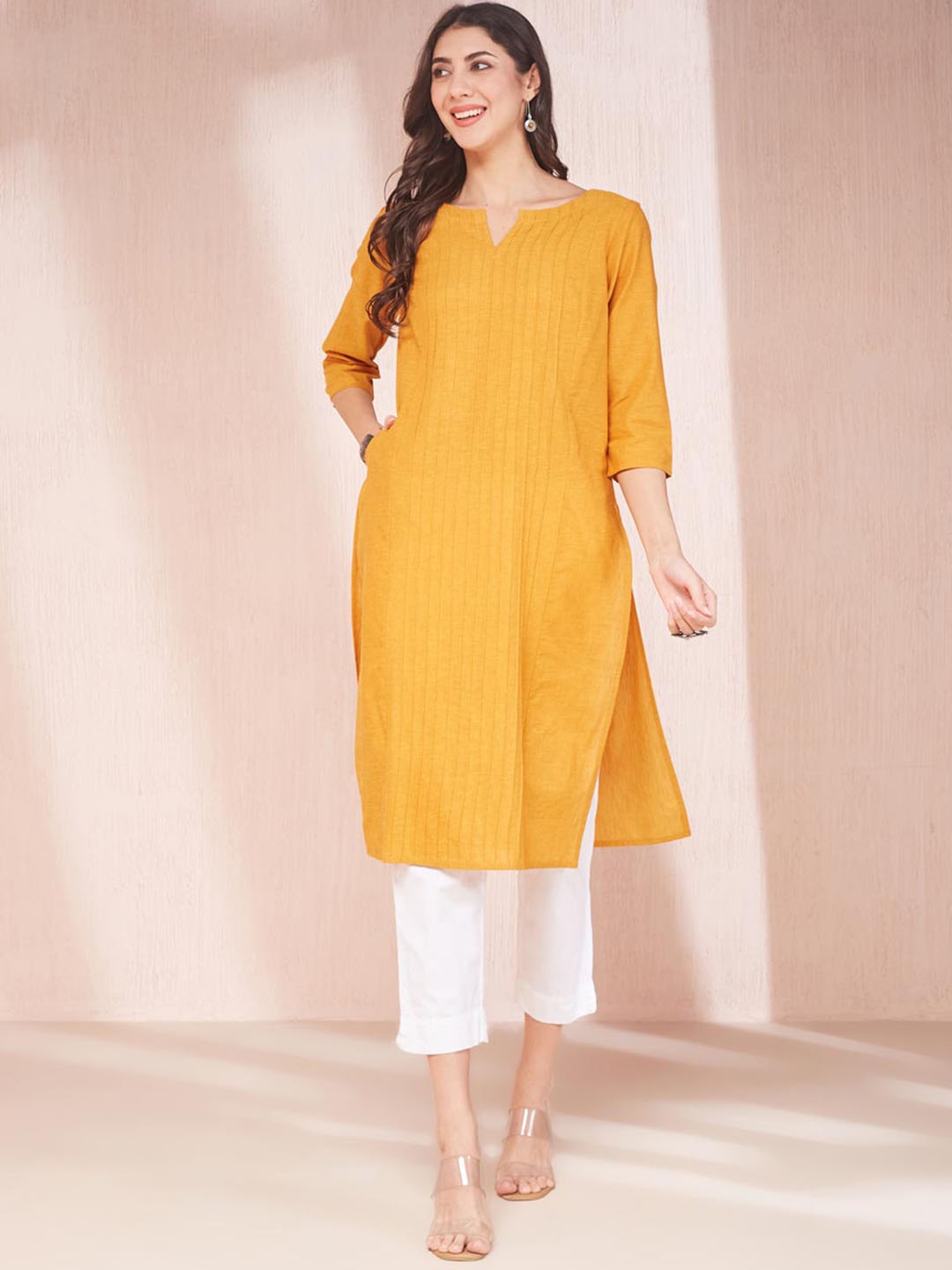 

Fabindia Women Cotton V Neck Calf Length Long Kurta, Mustard