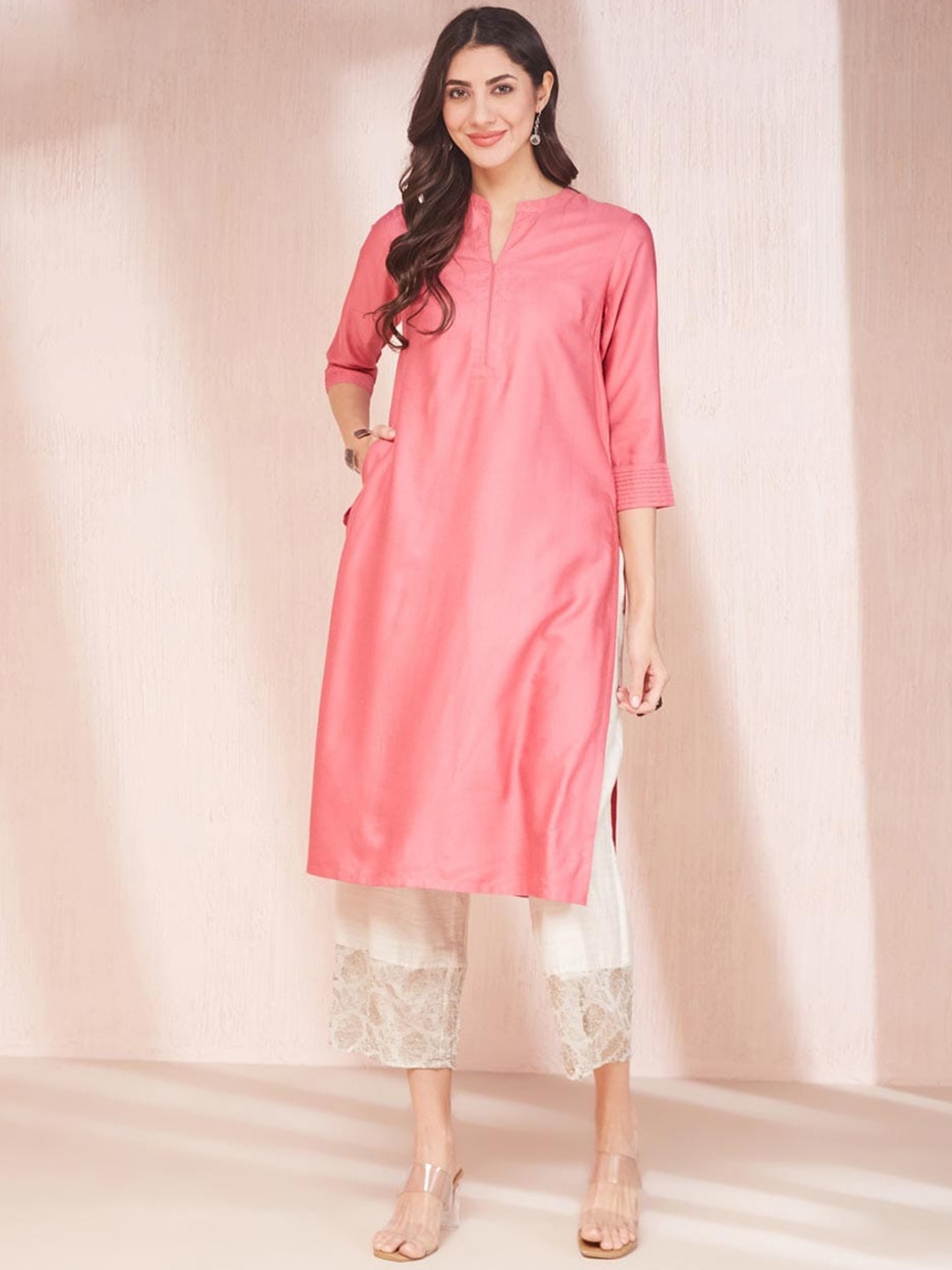 

Fabindia Women V Neck Calf Length Long Kurta, Pink