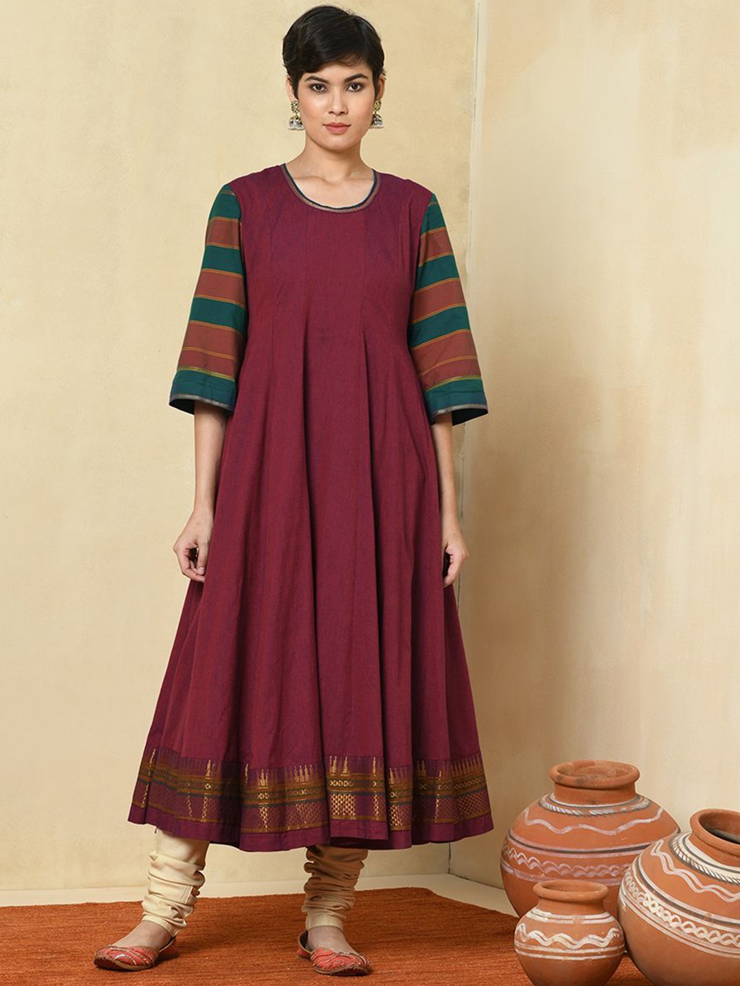 

Fabindia Women Striped Thread Work Kurta, Maroon