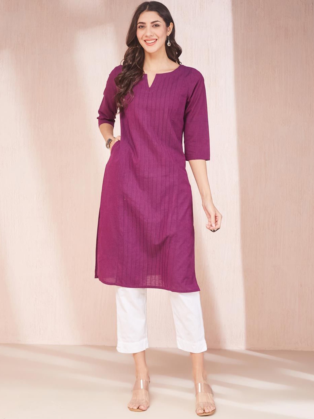 

Fabindia Women Striped Keyhole Neck Flared Sleeves Thread Work Kurta, Purple