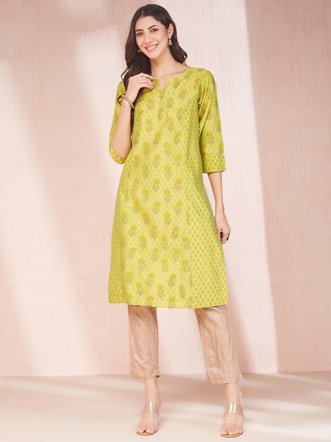 

Fabindia Women Hand Block Printed Kurta, Lime green