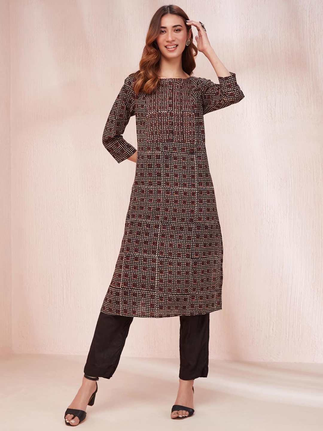 

Fabindia Women Geometric Checked cotton Kurta, Black