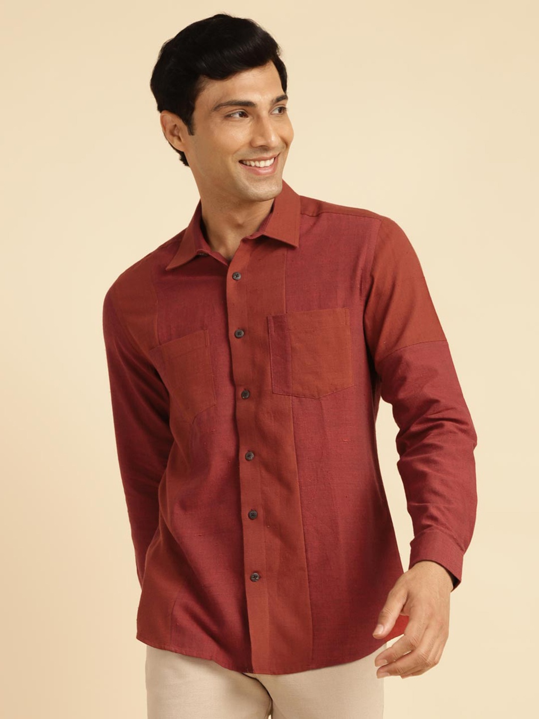 

Fabindia Men Slim Fit Opaque Casual Shirt, Rust