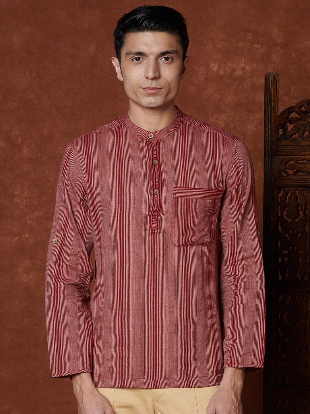 

Fabindia Men Striped Opaque Band Collar Casual Shirt, Maroon