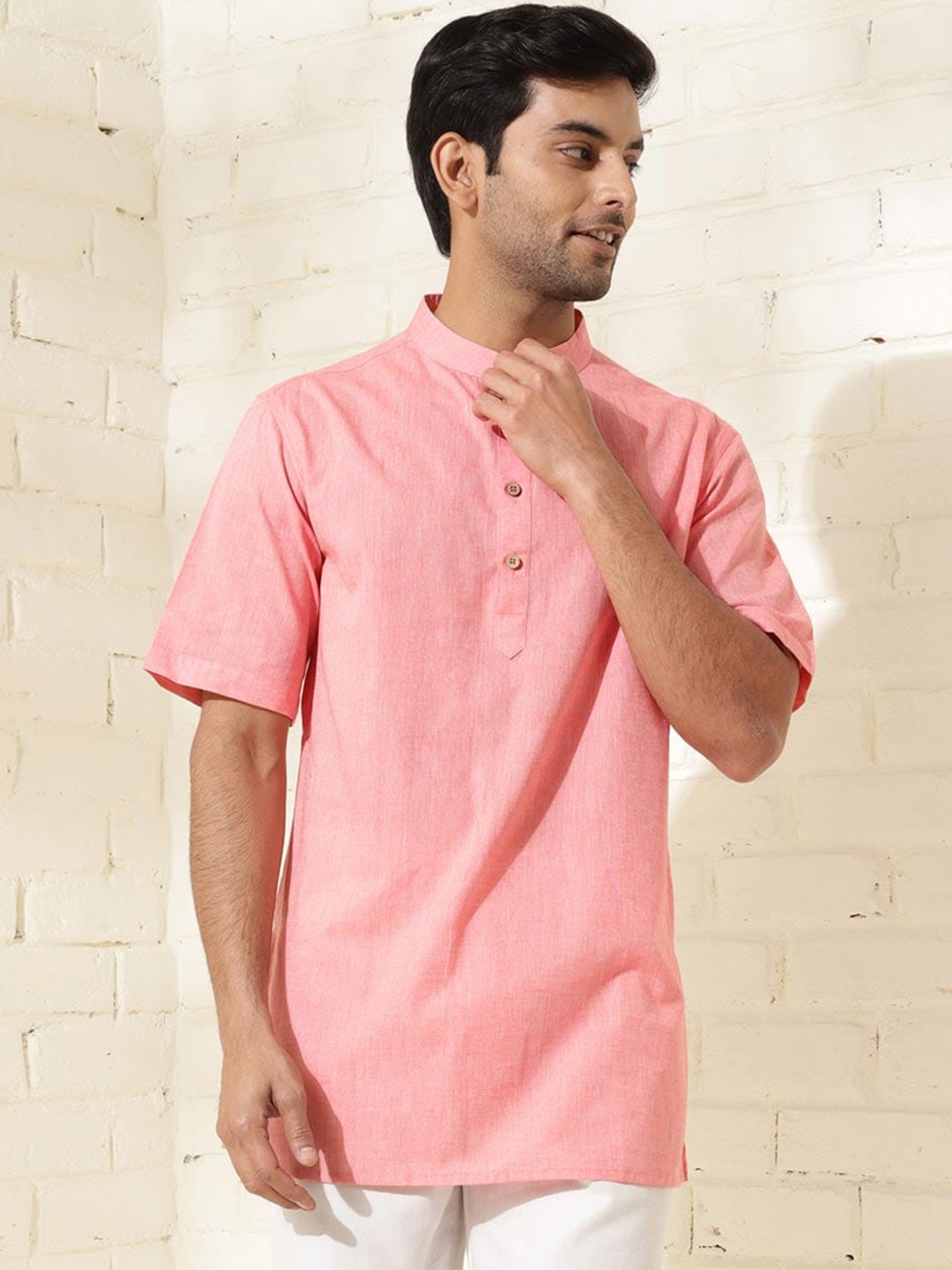 

Fabindia Men Cotton Thigh Length Short Kurta, Pink